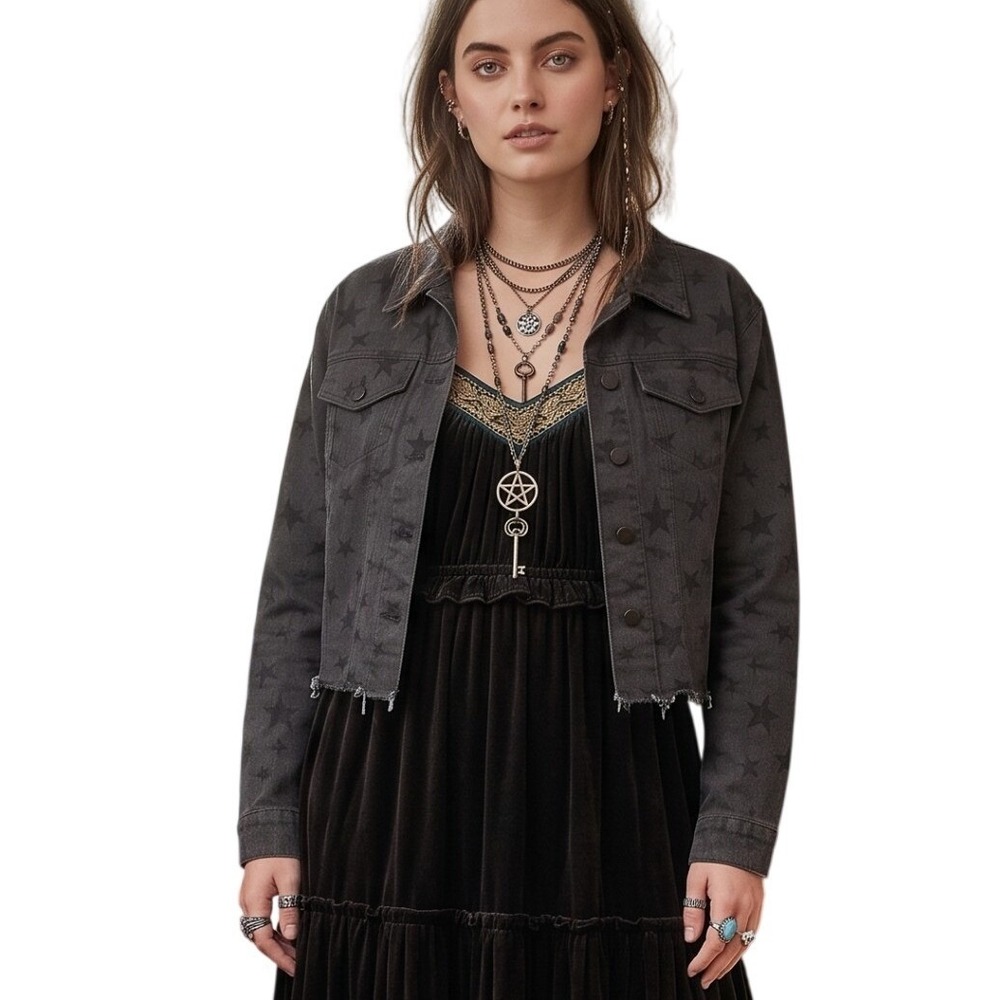 Andrée by Unit Cropped Denim Jacket Small Gray AOP Celestial Grunge Whimsigoth